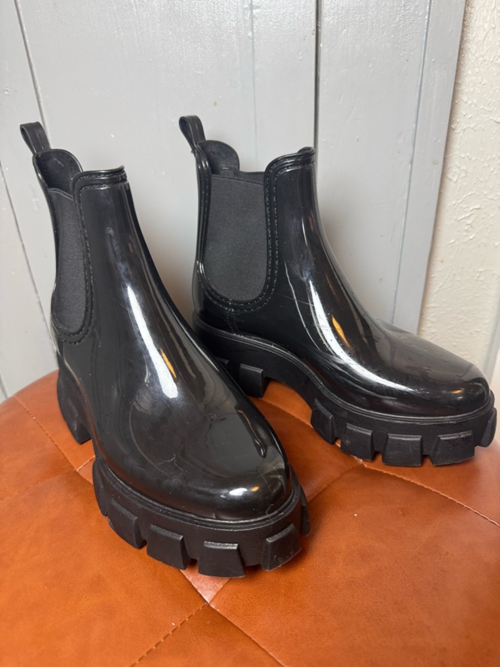 Black Chunky Chelsea Rain Boots - Women's